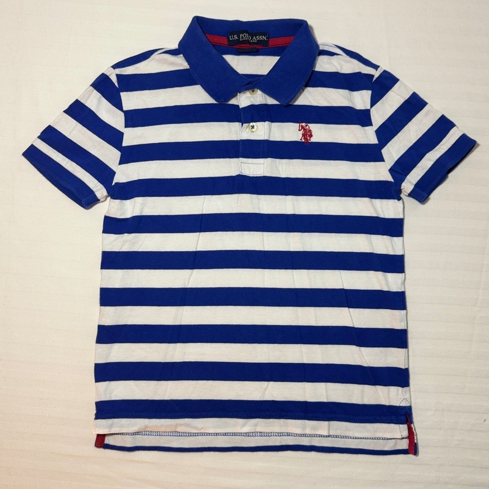 US Polo Assn Boys Blue White Striped Short Sleeve Polo Shirt Size M 8 Preppy